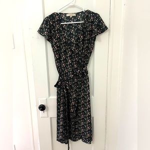 Petite Loft Midi Black Floral Flutter Wrap Dress